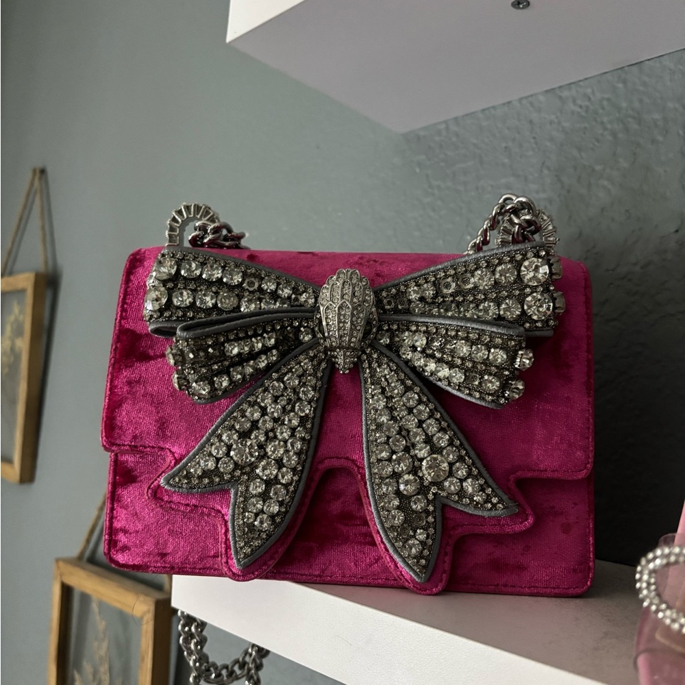 Kurt Geiger Pink Velvet Mini Bag with Embellished Bow